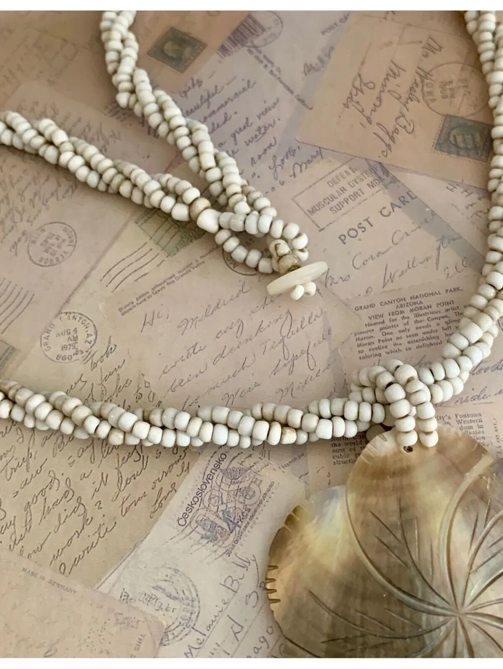 Vintage Carved Shell Tropical / Artisan Flower & Twisted Bead Statement Necklace